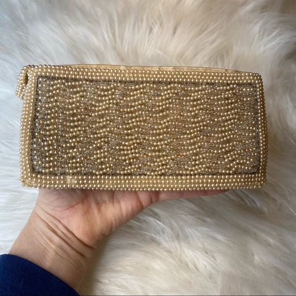 Vintage 7.5" Rectangular Pearl & Silver Beaded Zipper Closure Evening Bag Clutch - Picture 1 of 7